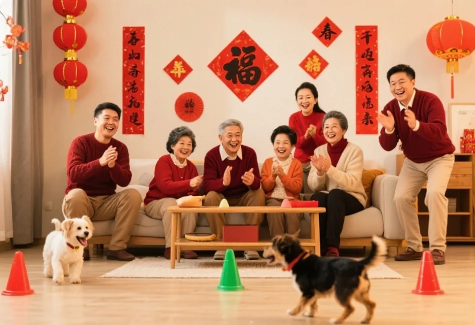 一家人在春节期间聚集在客厅，围观一场宠物动物趣味比赛，背景有春联和灯笼，气氛温馨热烈