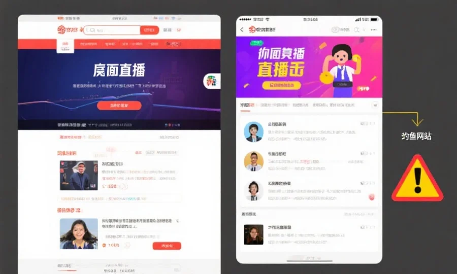 钓鱼网站示意图，画面展示一个虚假直播页面与真实官方页面对比，虚假页面有明显的警告标识