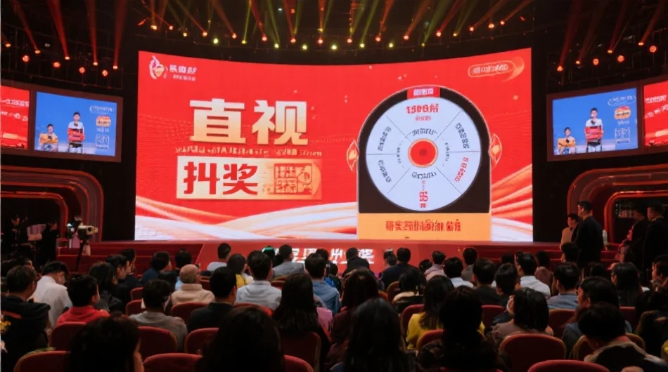 现场直播开奖的场景，观众通过大屏幕观看开奖过程，气氛紧张而秩序井然